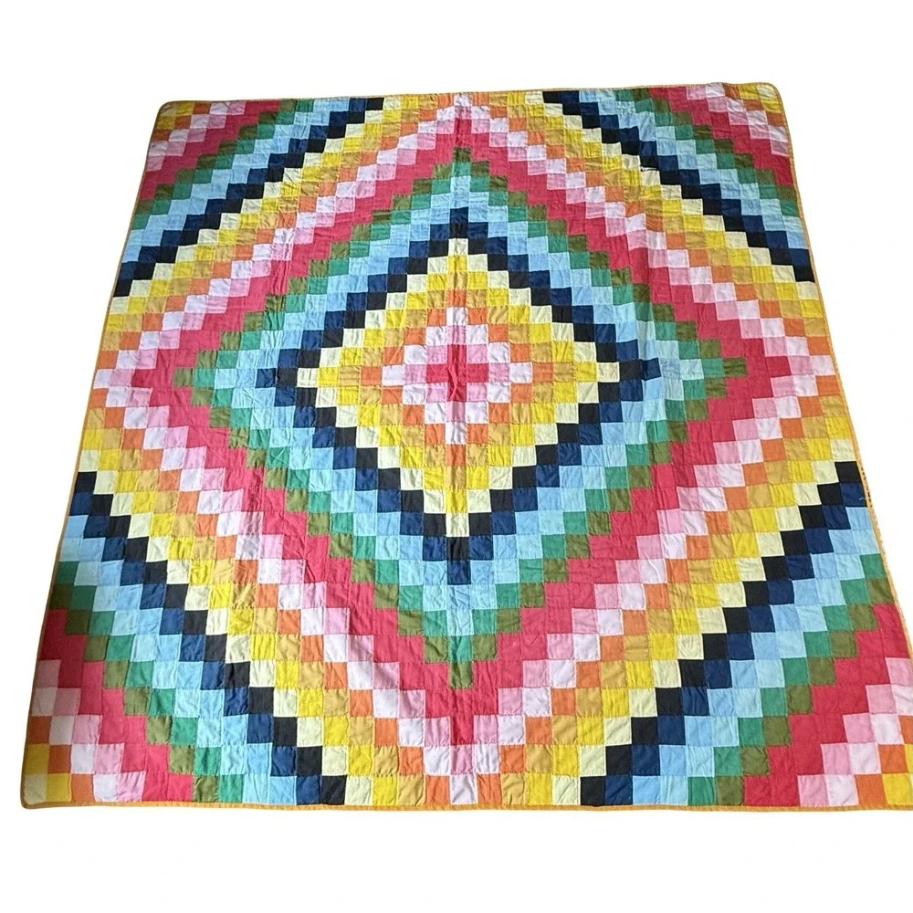 Vintage Diamond Trip Around The World Patchwork Quilt Handmade Rainbow